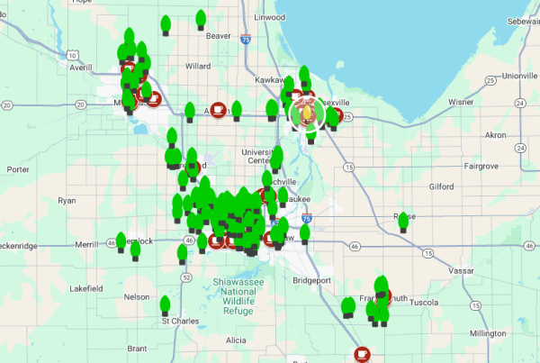 Garpiel Group Christmas Lights Map showcasing Saginaw, Bay City, Midland and Frankenmuth